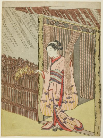 雨の中山葵の枝を持つ女（太田道灌のパロディ） 作： Suzuki Harunobu