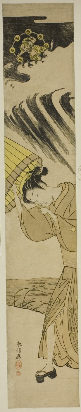 雷が近づいて傘を開く女性 作： Suzuki Harunobu