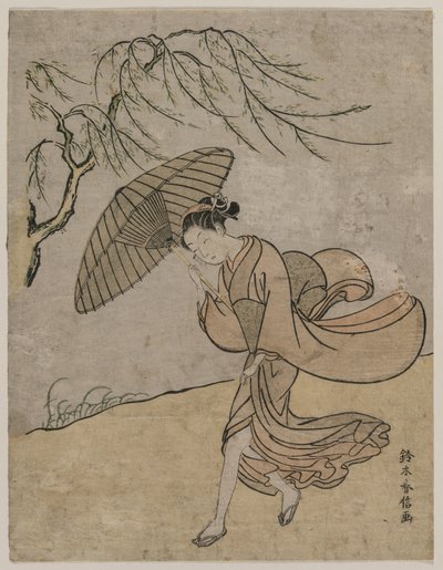 風の中で柳の木を通り過ぎる女性 作： Suzuki Harunobu