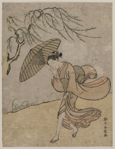 1766年または1767年、そよ風の中で柳の木を過ぎて走っている女性。 作： Suzuki Harunobu