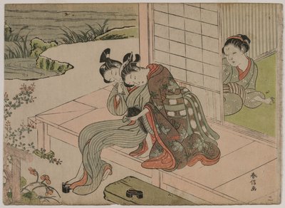 ベランダで若いカップルの抱擁を見ている女性 作： Suzuki Harunobu