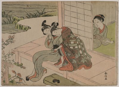 1760年代後半、ベランダで抱き合う若いカップルを見ている女性。 作： Suzuki Harunobu