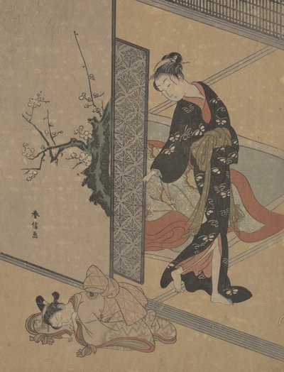 ドア越しに、床で眠っているカムロ・リトル・サーヴァントを見つめるお嬢様。 作： Suzuki Harunobu