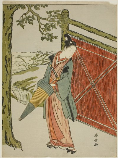 フェンスの横に傘を保持している若い男 作： Suzuki Harunobu
