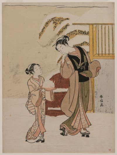 1760年代後半に雪うさぎを眺めている若い女性。 作： Suzuki Harunobu