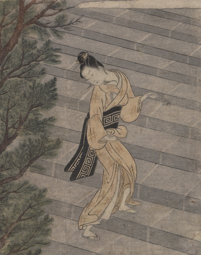 若い女性が神殿に石の階段を登る（木版画） 作： Suzuki Harunobu