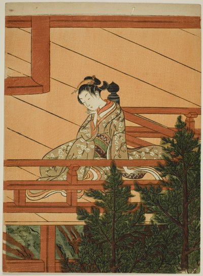 清水寺のバルコニーに座っている若い女性 作： Suzuki Harunobu