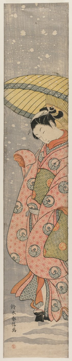 雪の中で傘の下に立つ若い女性、1767-1768年。 作： Suzuki Harunobu