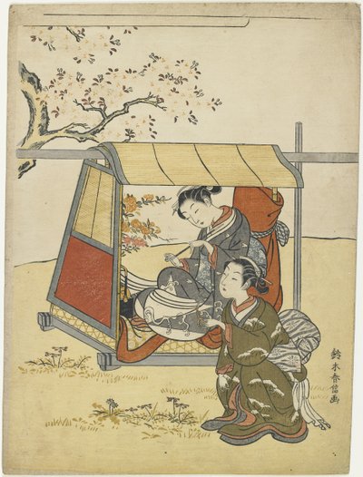 桜の花を中ノ木淑女の見物人として見ている若い女性c。 1767 作： Suzuki Harunobu