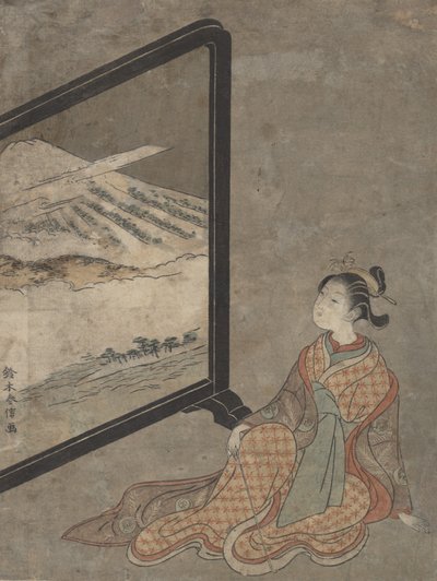 画面に描かれた風景を見つめながら手にパイプを持つ若い女性。 作： Suzuki Harunobu