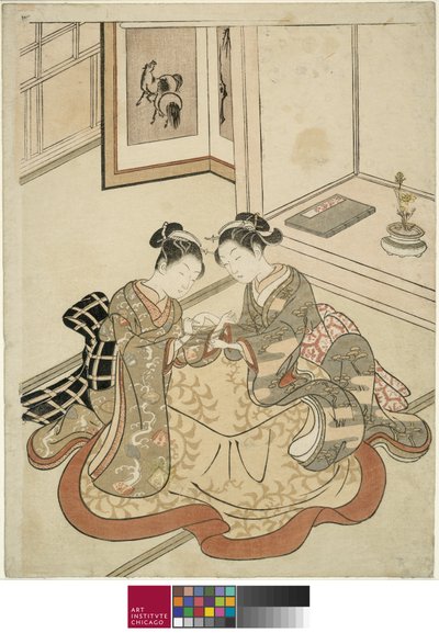 若い女性が猫のゆりかごを演奏している、1767-68年頃 作： Suzuki Harunobu