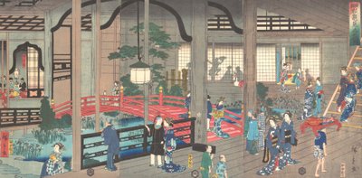 1861年4月、横浜の雁鬼郎茶屋の内部。 作： Suzuki Hiroshige