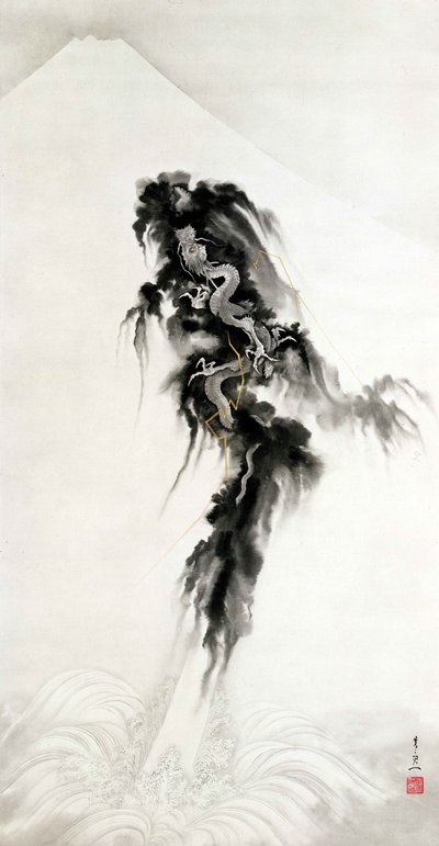 昇る龍と富士山（紙にインクと金） 作： Suzuki Kiitsu