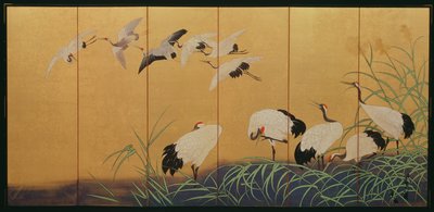 葦と鶴を描いた六つ屏風、江戸時代、日本人、19世紀（金色絹） 作： Suzuki Kiitsu