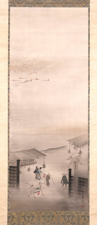 吉原と品川（シルクに墨、色、金） 作： Suzuki Kiitsu