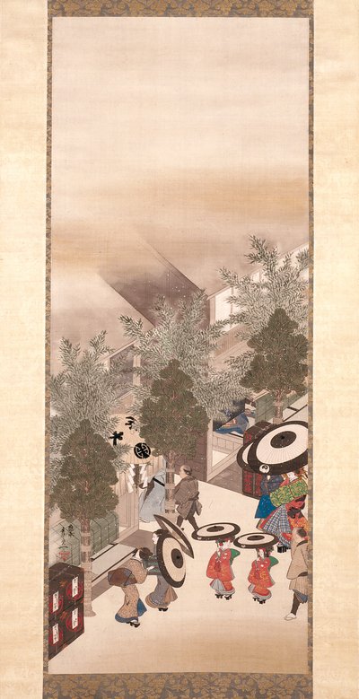 吉原と品川（シルクに墨、色、金） 作： Suzuki Kiitsu