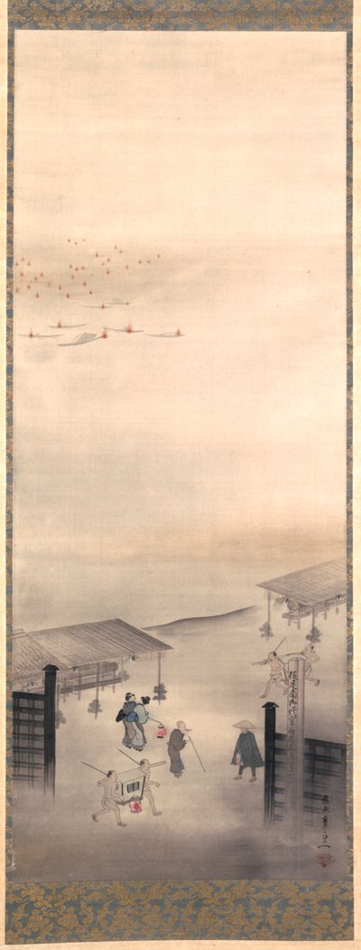 吉原と品川、江戸時代（絹本に墨、彩色、金） 作： Suzuki Kiitsu