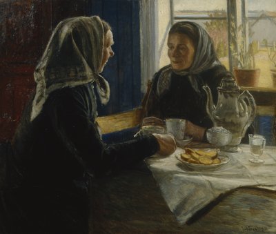 コーヒーを飲む二人の女性（キャンバスに油彩） 作： Sven Jorgensen