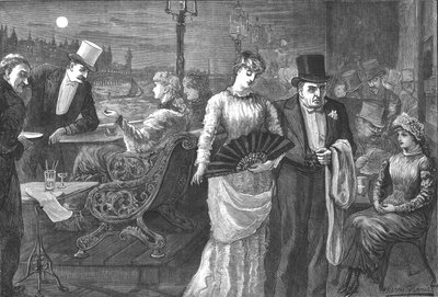 庶民院のテラスでの真夏の夜、ウェストミンスター宮殿、1881 作： Swain