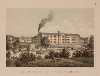 スウェーデン、ストロムスブロの綿花工場、1840年頃（カラーリトグラフ 作： Swedish School