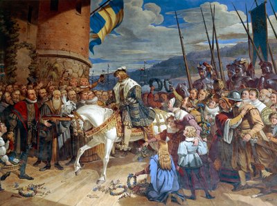 スウェーデン王グスタフ 1 世エリクソン ヴァーサが意気揚々とウプサラに迎えられる 作： Swedish School