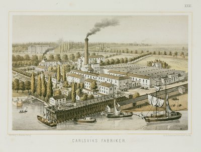スウェーデン、ストックホルム、カールスヴィックスの織物工場、1840年頃（カラーリトグラフ 作： Swedish School