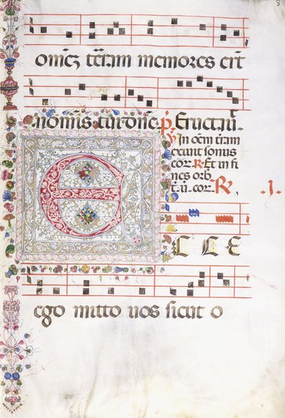 大きく装飾されたイニシャル「E」、c.1500 作： Swiss School