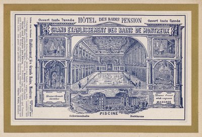Grand Etablissement Des Bains De Montreux」の広告（エングレービング 作： Swiss School