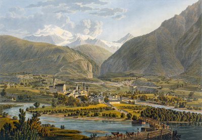 1819 年、スイス、ベルナー アルプス、ローヌ川のブリッグ。 作： Swiss School