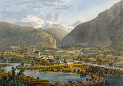1819年ミラノのピトーレスクデジュネーブ航海からのスイス、ベルンアルプスのローヌ川の橋 作： Swiss School
