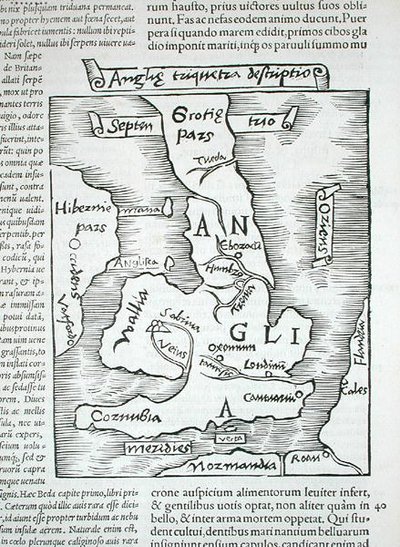 イギリス諸島、カイウス・ジュリアス・ソリヌス著「Polyhistor, rerum toto orbe memorabilium...」より、バーゼル 1543 年発行 (木版画) 作： Swiss School
