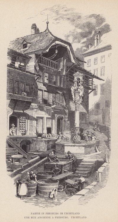 Partie in Fribourg im Uechtland, Une Rue Ancienne a Fribourg, Uechtland (e.g. engraving) 作： Swiss School