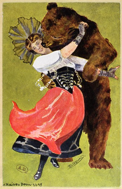 女性とクマを描いたベルンの絵葉書、1900年頃 作： Swiss School