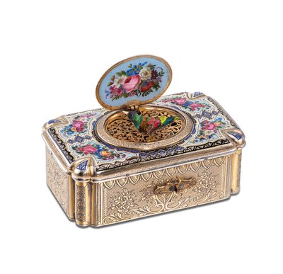 歌う鳥の箱、1880年頃（エナメルと銀の金箔） 作： Swiss School