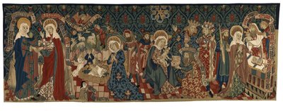 聖母の生涯の4つの場面を描いたタペストリー、バーゼル製、1450-75年頃（ウール＆白麻糸） 作： Swiss School
