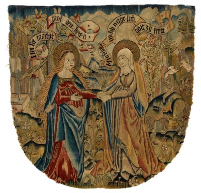 訪問を描いたタペストリー・パネル、1500年頃（ウール、絹、金属、金） 作： Swiss School