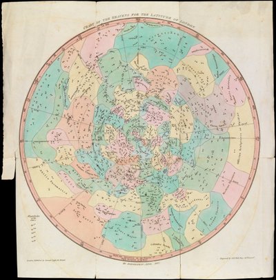 ロンドンの緯度を示す天球図、ウラニアの鏡あるいは天の眺め、1825年頃（カード、紙、ティッシュ、エングレーヴィング） 作： Sydney Hall