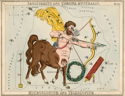 射手座とコロナ・オーストラリス。ミクロスコピウムとテレスコピウム、1825年頃（カード、紙、ティッシュ） 作： Sydney Hall