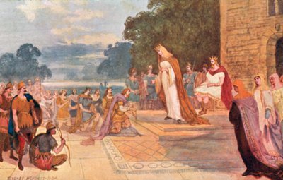 エルフリーダ女王と一緒にエドガー王はチェスターで8つの支流の王子のオマージュを受けました、973 AD 作： Sydney Herbert