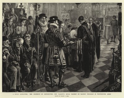 王室のアルムジビング、ウェストミンスター寺院のマーンディーの木曜日に王女のロイヤルマーンディーを配布する式典 作： Sydney Prior Hall