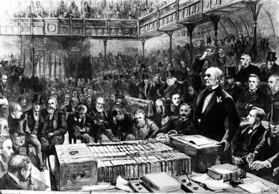 下院でのホームルールの議論-グラッドストーンのパーロレーション、「グラフィック」からのイラスト、1886 作： Sydney Prior Hall