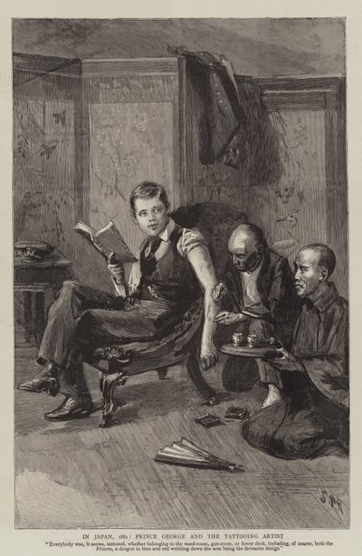 日本では、1881年、ジョージ王子とタトゥーアーティスト 作： Sydney Prior Hall