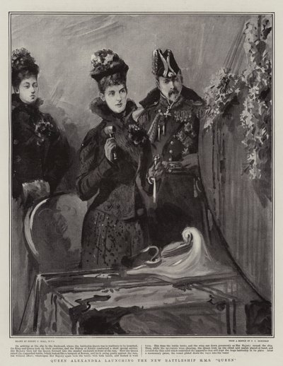 アレクサンドラ女王、新しい戦艦HMS女王を発射 作： Sydney Prior Hall