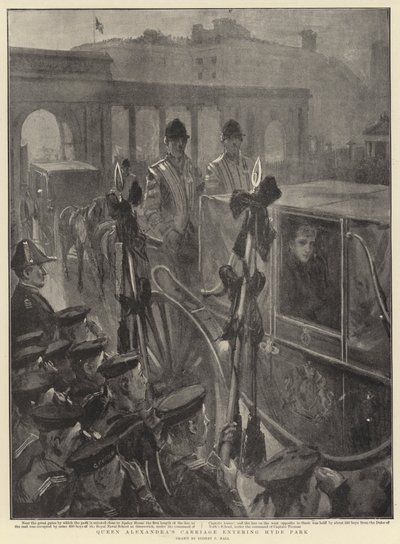 ハイドパークに入るアレクサンドラ女王の馬車 作： Sydney Prior Hall