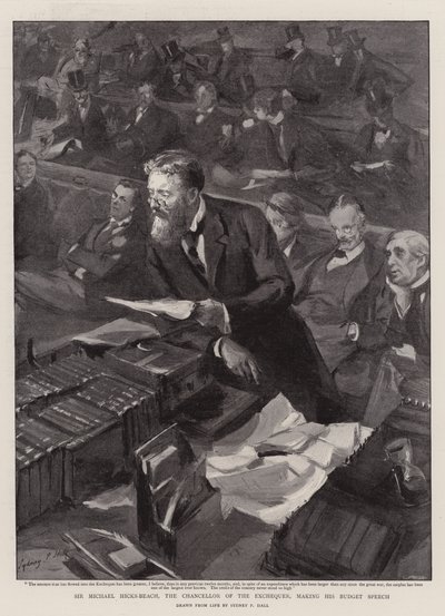 予算スピーチをするマイケル・ヒックス・ビーチ、財務長官 作： Sydney Prior Hall