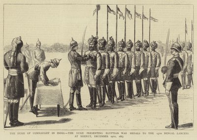 インドのコンノート公爵、1883年12月19日、メーラトで第13ベンガルランサーにエジプト戦争メダルを贈る公爵 作： Sydney Prior Hall