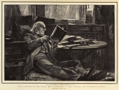 彼の日の夕方、ハワーデン城の図書館のグラッドストーン氏 作： Sydney Prior Hall