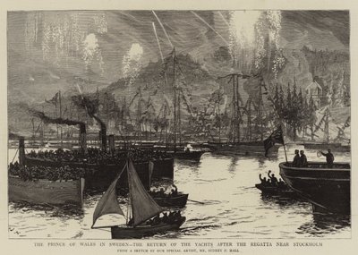 スウェーデンのプリンスオブウェールズ、ストックホルム近くのレガッタ後のヨットの帰還 作： Sydney Prior Hall
