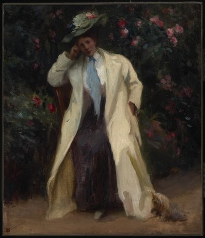 犬を持つ女性、c.1898（キャンバスボードに油彩） 作： Sydney Strickland Tully