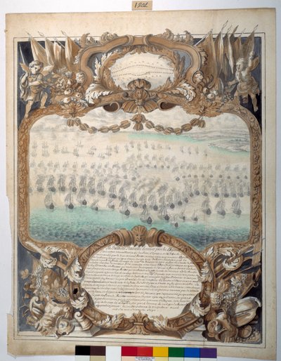 1676年4月22日、アゴスチ付近で行われた海戦（紙に黒インクとマッピングペン、水彩）。 作： Sylvain Bonnet